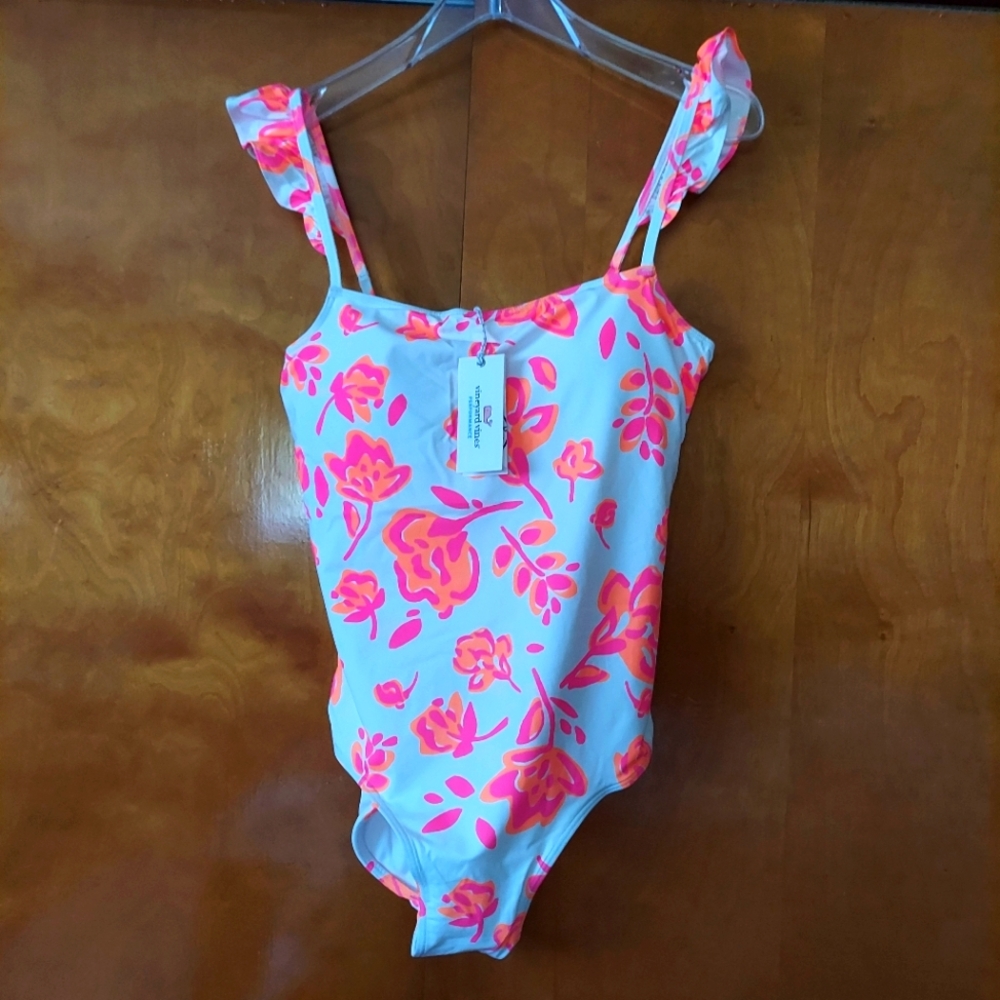 Vineyard Vines womens Summer Blooms ruffle strap one piece swimsuit size Large